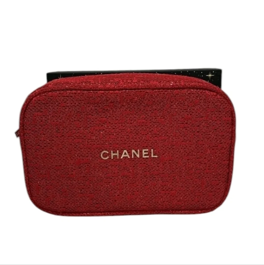 CHANEL Red Tweed Textured Pouch with Gold Accents